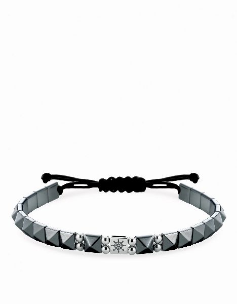 bracciale in cordino con ematite piramidale e inserto con timone in oro bianco