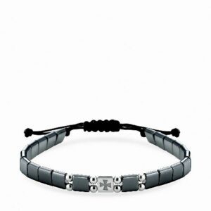 bracciale in cordino con ematite quadrata e inserto croce in oro bianco