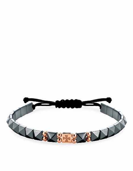bracciale in cordino con ematite piramidale e inserti in oro rosa croce