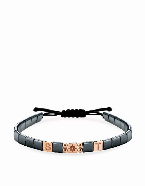 bracciale in cordino personalizzabile con ematite quadrata e inserti in oro rosa timone