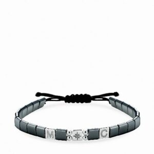 bracciale in cordino personalizzabile con ematite quadrata e inserti in oro bianco rosa dei venti
