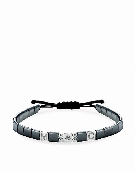 bracciale in cordino personalizzabile con ematite quadrata e inserti in oro bianco rosa dei venti
