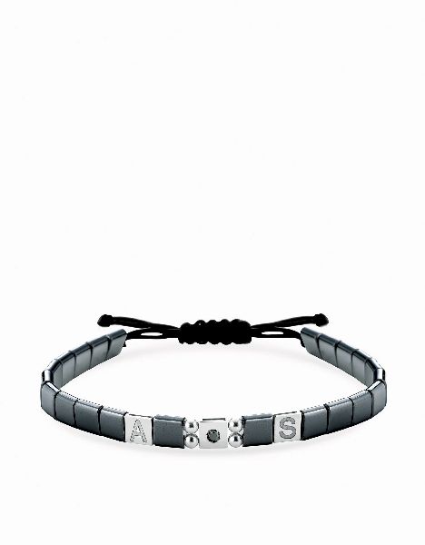 bracciale in cordino personalizzabile con ematite quadrata inserti in oro e diamante nero