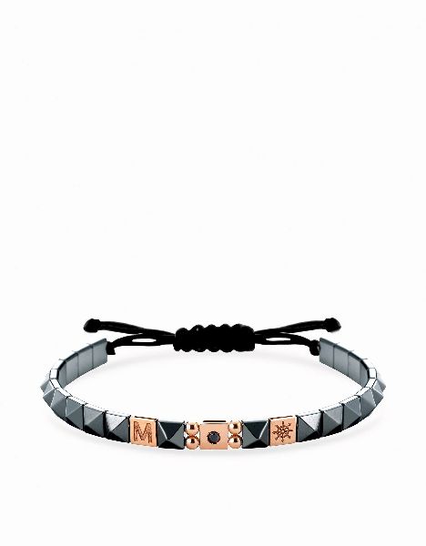 bracciale in cordino personalizzabile con ematite piramidale inserti in oro e diamante nero