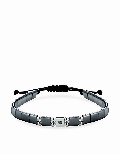 bracciale in cordino con ematite quadrata inserti oro bianco e diamante nero