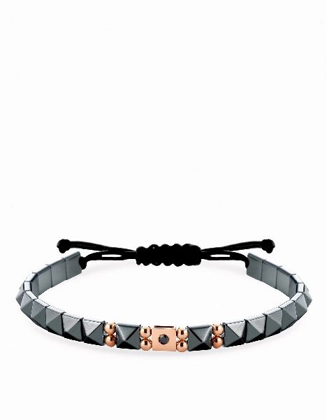 bracciale in cordino con ematite piramidale inserti oro e diamante nero