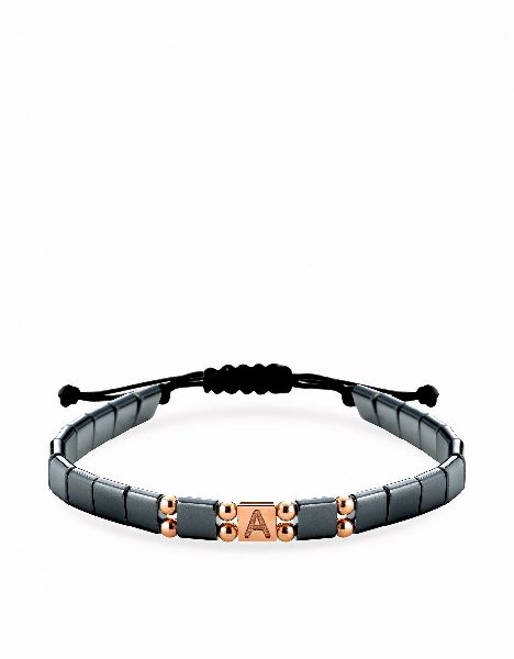 bracciale in cordino personalizzato con ematite quadrata e inserti in oro rosa