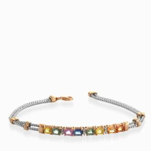 bracciale con catena in oro bianco con bacchetta in oro rosa con pietre colorate preziose e diamanti