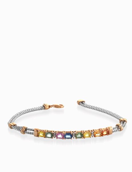 bracciale con catena in oro bianco con bacchetta in oro rosa con pietre colorate preziose e diamanti