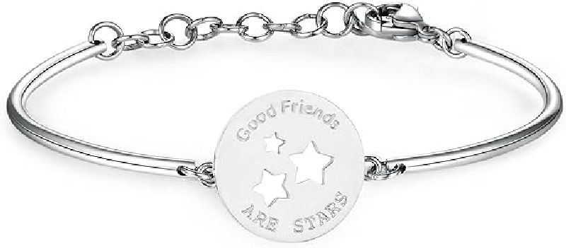Bracciale in acciaio 316L con piastrina incisa. Simbolo STARS: AMICIZIA, COMPLICITÀ , ALLEGRIA. Frase incisa: Good friends are stars.