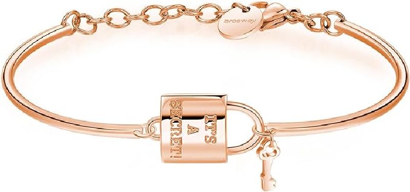 Bracciale in acciaio 316L e pvd oro rosa con centrale a forma di lucchetto e chiave.
