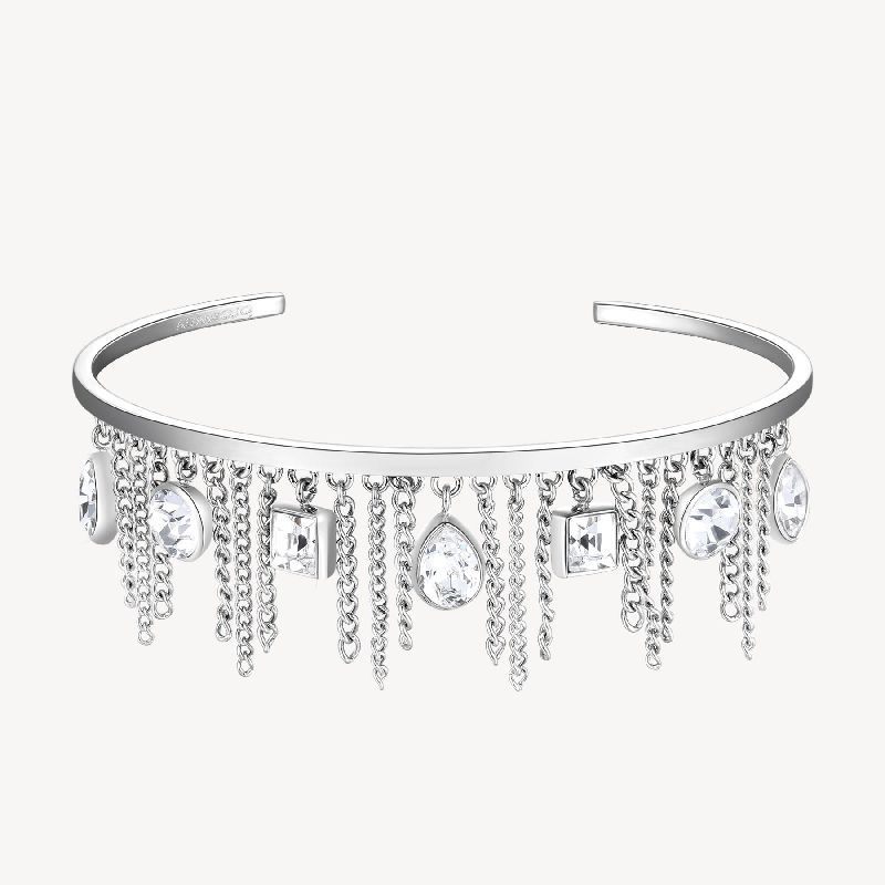 Bracciale rigido in acciaio 316L con frange e cristalli.