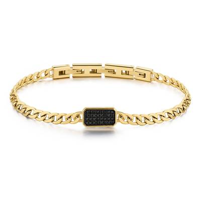 Bracciale catena grumetta in acciaio 316L e finitura pvd oro 14K con zirconi neri.