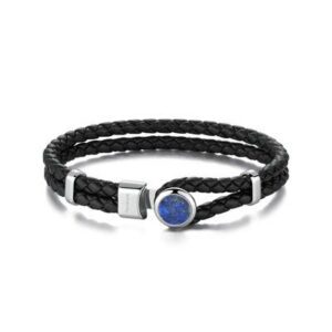 Bracciale in pelle di colore nero con elementi in acciaio 316L e lapislazzuli.
Misura: 210