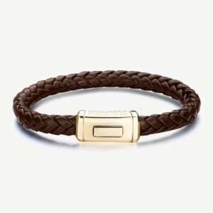 Bracciale in pelle marrone con elemento chiusura in acciaio 316L e finitura pvd oro 14K.