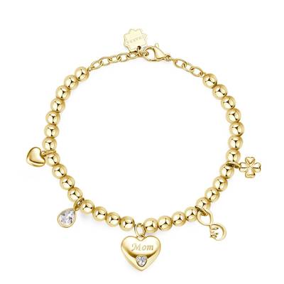 Bracciale con sfere in acciaio 316L e finitura pvd oro 14K, con pendenti a forma di cuore con incisione "Mom", quadrifoglio, infinito con scritta "life" e cristalli.
