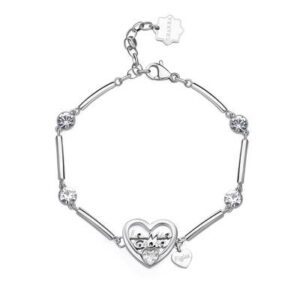 Bracciale semirigido in acciaio 316L con centrale a forma di cuore con scritta "La Mia gioia", pendente a forma di cuore con incisione "Figlia" e cristalli.