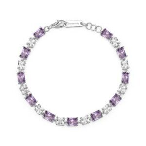 Bracciale in argento rodiato 925&permil; con cushion cubic zirconia chiari e baguette cubic zirconia colore amethyst.