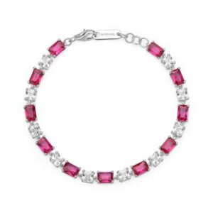 Bracciale in argento rodiato 925&permil; con cushion cubic zirconia chiari e baguette cubic zirconia colore ruby.