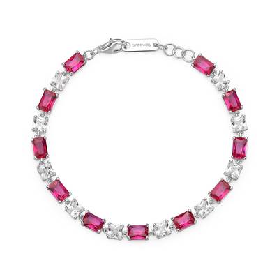 Bracciale in argento rodiato 925‰ con cushion cubic zirconia chiari e baguette cubic zirconia colore ruby.
