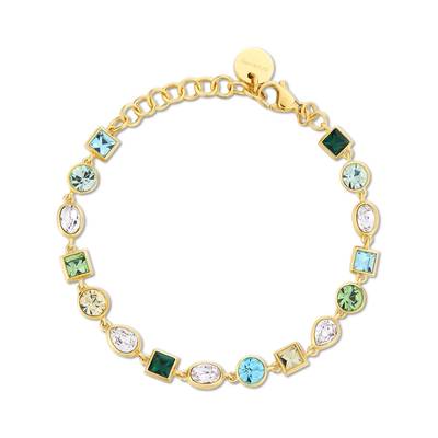 Bracciale in acciaio 316L, finitura pvd oro 14K con cristalli chiari e nei colori chrysolite, aqua bohemica, peridot, emerald e jonquil.
