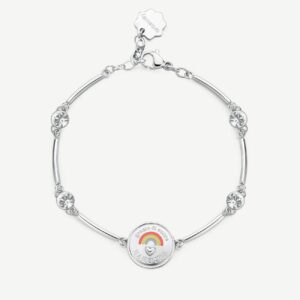 Bracciale semirigido in acciaio 316L con centrale con incisione "grazie di cuore maestra", smalti colorati e cristalli.
