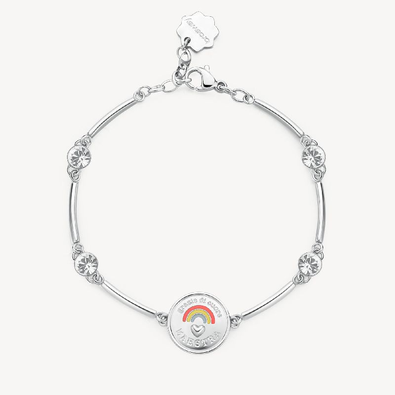 Bracciale semirigido in acciaio 316L con centrale con incisione "grazie di cuore maestra", smalti colorati e cristalli.