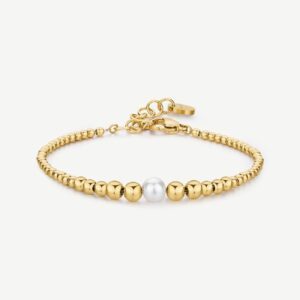 Bracciale a sfere in acciaio 316L e finitura pvd oro 14K, con perla di conchiglia.