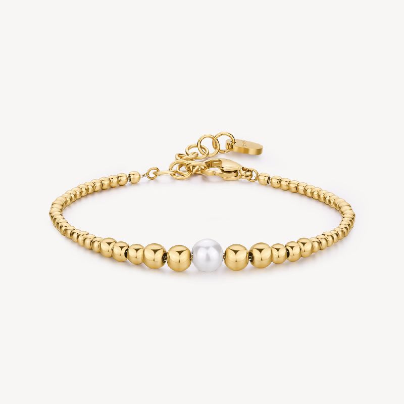 Bracciale a sfere in acciaio 316L e finitura pvd oro 14K, con perla di conchiglia.
