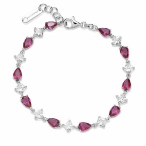Bracciale in argento rodiato 925&permil; con square cubic zirconia e pear cubic zirconia colore ruby.