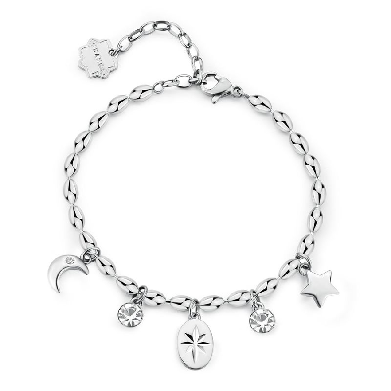 Bracciale CHAKRA in acciaio 316L, con luna, stella e cristalli