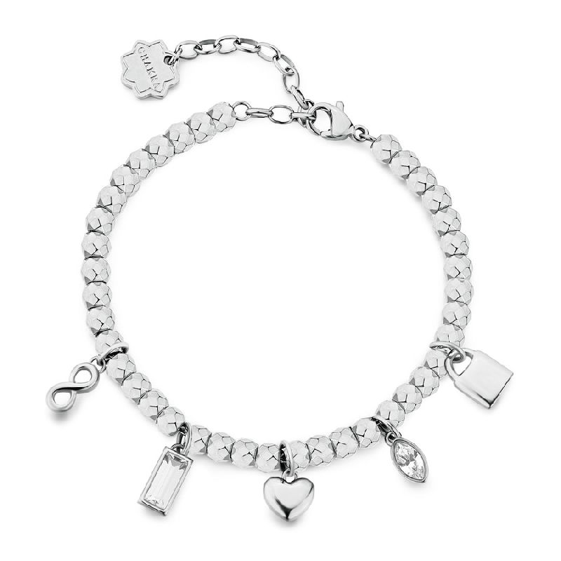 Bracciale CHAKRA in acciaio 316L, con infinito, cuore, lucchetto e cristalli