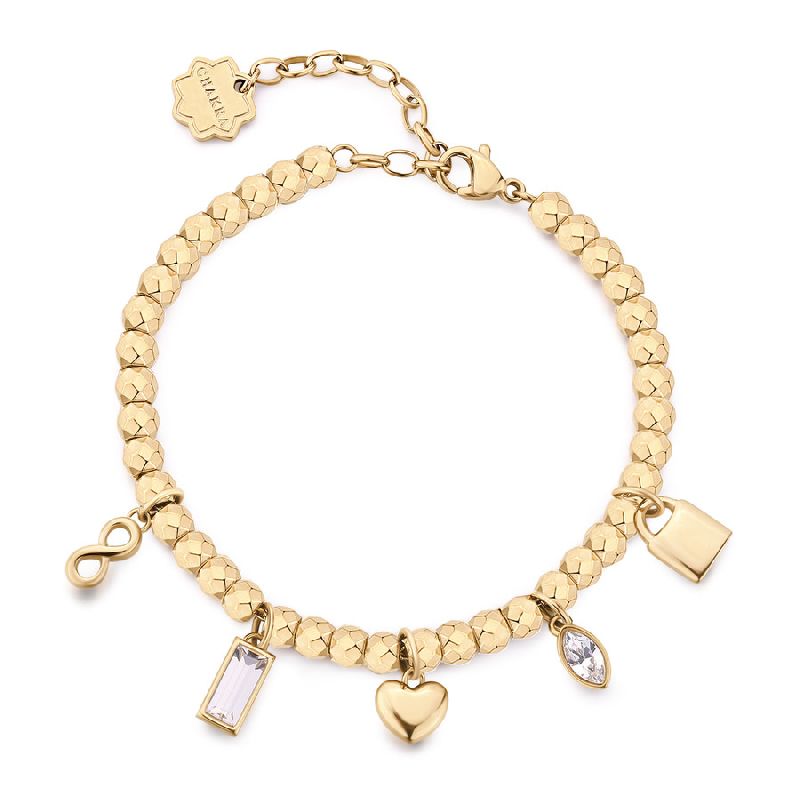 Bracciale CHAKRA in acciaio 316L, finitura pvd colore oro, con infinito, cuore, lucchetto e cristalli