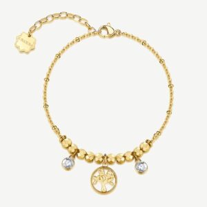 Bracciale CHAKRA in acciaio 316L, finitura pvd colore oro, con albero della vita e cristalli