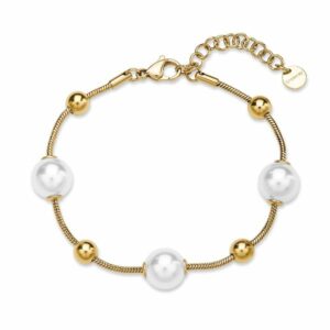 Bracciale PERFECT in acciaio 316L, finitura pvd colore oro, con sfere e perle di conchiglia
