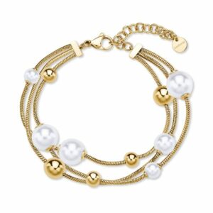 Bracciale PERFECT in acciaio 316L, finitura pvd colore oro, multifilo con sfere e perle di conchiglia