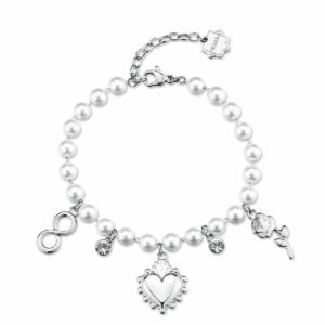 Bracciale CHAKRA in acciaio 316L, con pendenti cuore, rosa e infinito, con cristalli e perle di conchiglia