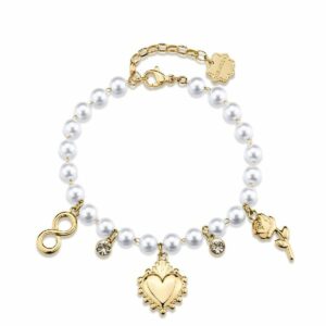 Bracciale CHAKRA in acciaio 316L, finitura pvd colore oro, con pendenti a cuore e rosa, con cristalli e perle di conchiglia