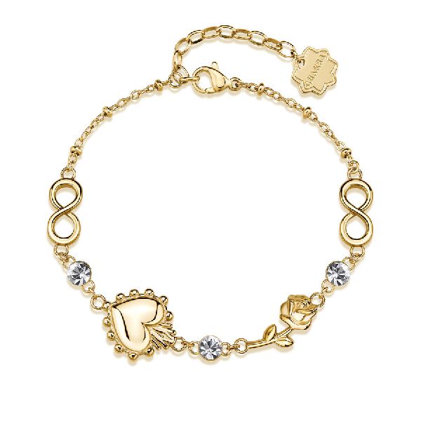 Bracciale CHAKRA in acciaio 316L, finitura pvd colore oro, con cuore, rosa, infinito e cristalli