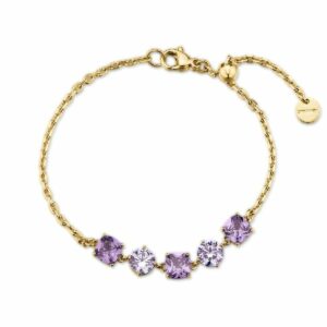 Bracciale DREAMING in acciaio 316L, finitura pvd colore oro, con cubic zirconia round e cushion ametista