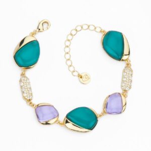 Bracciale gocce bombate in cristallo violet e teal green con frame in brass dorato ed elementi in pav&egrave; di zirconi clear - Misura Regolabile