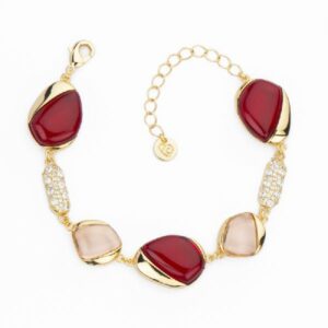Bracciale gocce bombate in cristallo rubino e topazio con frame in brass dorato ed elementi in pav&egrave; di zirconi clear - Misura Regolabile