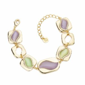 Bracciale elementi alternati in brass dorato con intarsio a foglia in cat eye violet e verde mela conframe di zirconi - Misura Regolabile