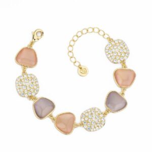 Bracciale cat eye rose e violet alternati ad elementi in pav&egrave; di zirconi clear su base dorata- misura regolabile