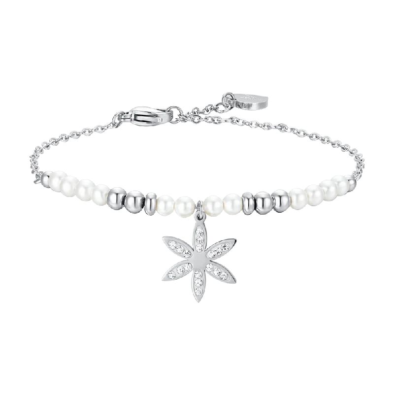 BRACCIALE DONNA IN ACCIAIO CON PERLE E FIORE DELLA VITA