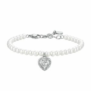 BRACCIALE DONNA IN ACCIAIO PERLE E CUORE ZIRCONE BIANCO