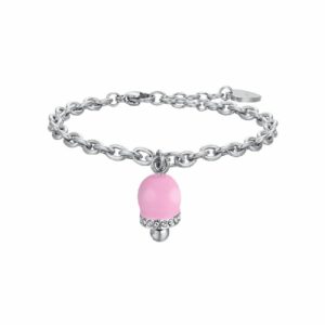 BRACCIALE DONNA IN ACCIAIO CON CAMPANELLA CON SMALTO ROSA E CRISTALLI BIANCHI