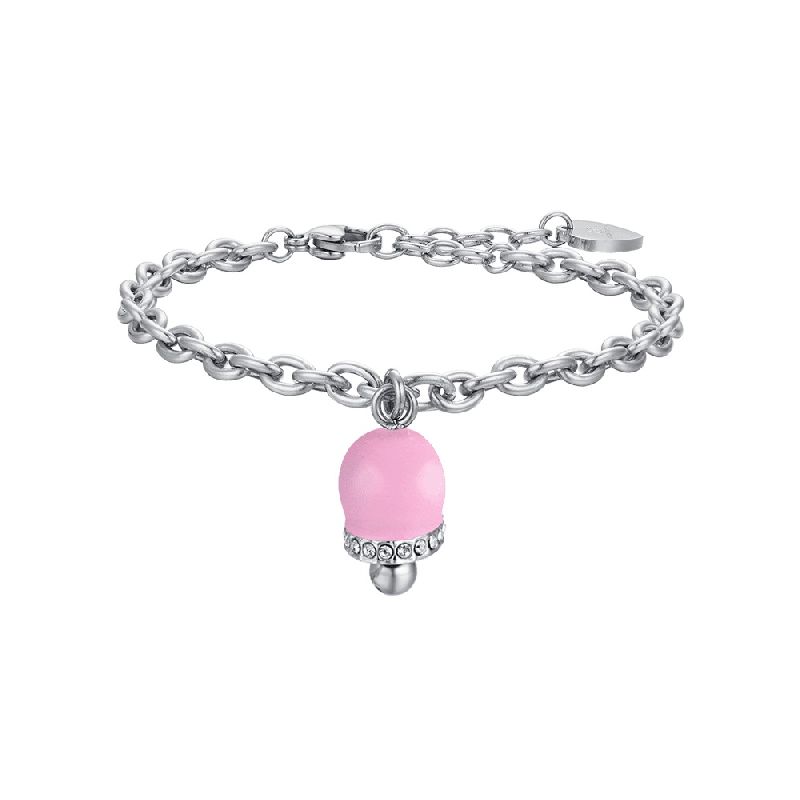 BRACCIALE DONNA IN ACCIAIO CON CAMPANELLA CON SMALTO ROSA E CRISTALLI BIANCHI