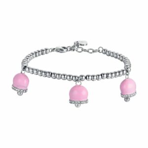 BRACCIALE DONNA IN ACCIAIO CON CAMPANELLE CON SMALTO ROSA E CRISTALLI BIANCHI