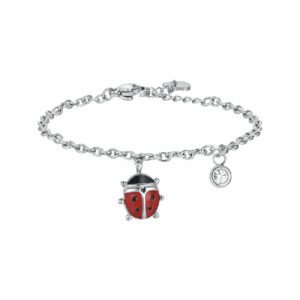 BRACCIALE BAMBINA IN ACCIAIO CON COCCINELLA CON SMALTO ROSSO E NERO E CRISTALLO